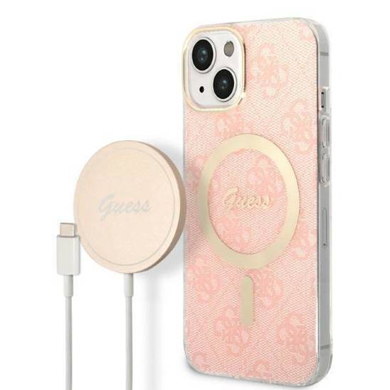 Oryginalne Etui IPHONE 14 Guess Hardcase 4G Print MagSafe + Wireless Charger (GUBPP12MH4EACSW) różowe