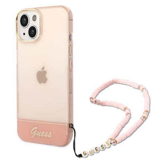 Oryginalne Etui IPHONE 14 Guess Hardcase Translucent Pearl Strap różowe