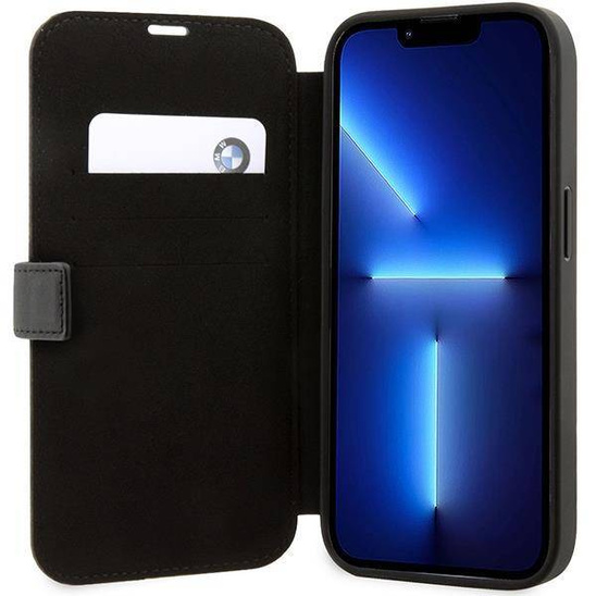 Oryginalne Etui IPHONE 14 PRO BMW Bookcase Leather Textured&Stripe (BMBKP14L22RDPK) czarne