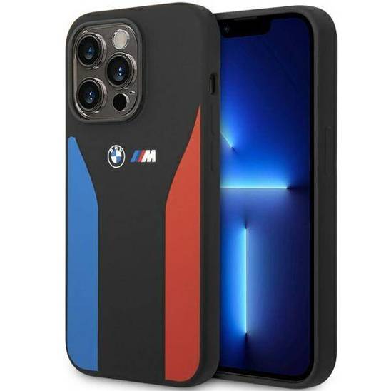 Oryginalne Etui IPHONE 14 PRO BMW Silicone Blue&Red Stripes M Collection (BMHCP14L22SCSK) czarne