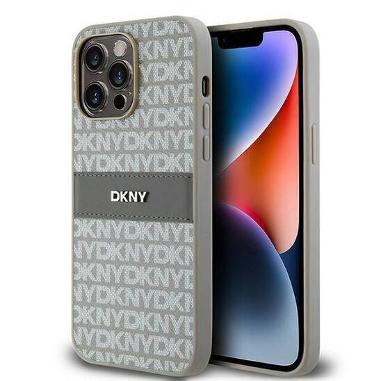Oryginalne Etui IPHONE 14 PRO DKNY Hardcase Leather Mono Stripe & Metal Logo (DKHCP14LPRTHSLE) beżowe