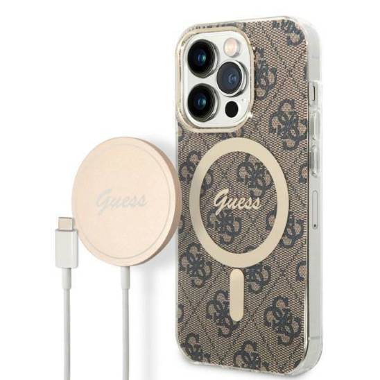 Oryginalne Etui IPHONE 14 PRO Guess Hardcase 4G Print MagSafe + Wireless Charger (GUBPP14MH4EACSW) brązowe