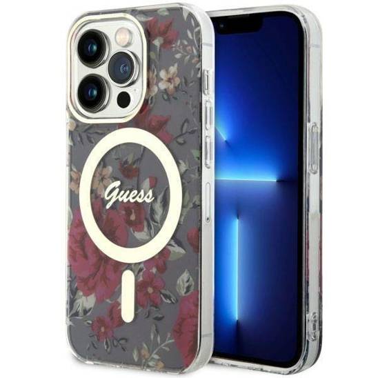 Oryginalne Etui IPHONE 14 PRO Guess Hardcase Flower MagSafe (GUHMP14LHCFWSA) zielone