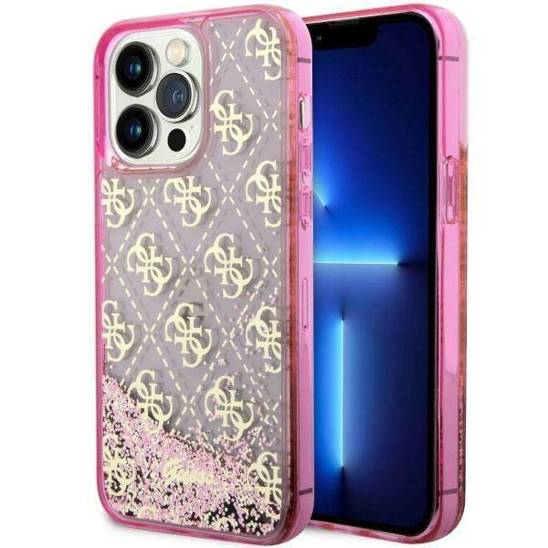 Oryginalne Etui IPHONE 14 PRO Guess Hardcase Liquid Glitter 4G Transculent (GUHCP14LLC4PSGP) różowe