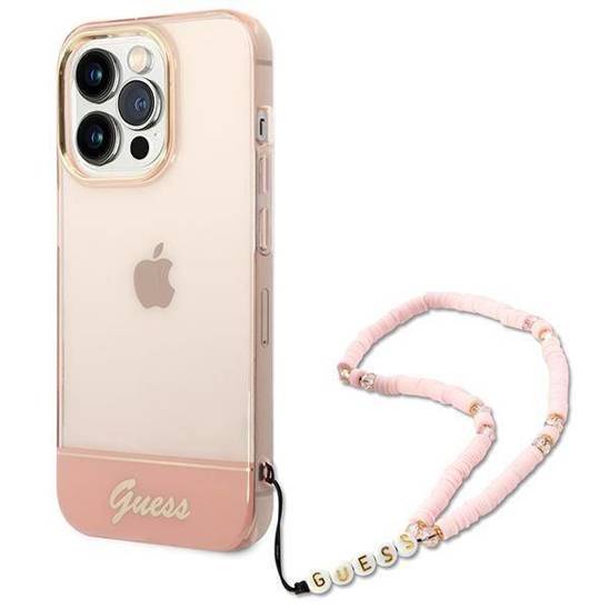 Oryginalne Etui IPHONE 14 PRO Guess Hardcase Translucent Pearl Strap różowe