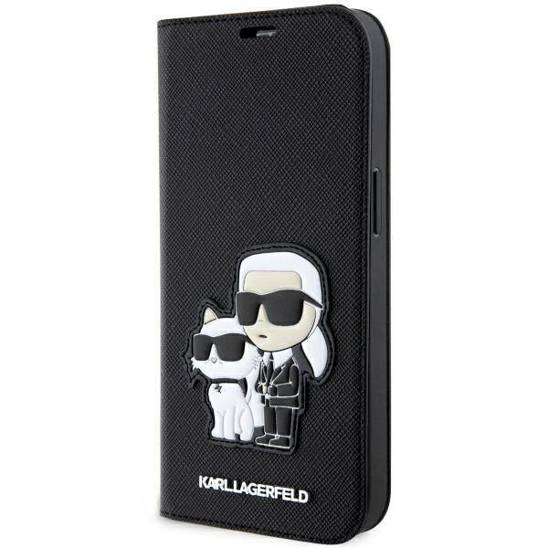 Oryginalne Etui IPHONE 14 PRO Karl Lagerfeld Bookcase Saffiano Karl & Choupette (KLBKP14LSANKCPK) czarne