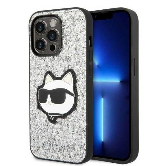 Oryginalne Etui IPHONE 14 PRO Karl Lagerfeld Hardcase Glitter Choupette Patch (KLHCP14LG2CPS) srebrne