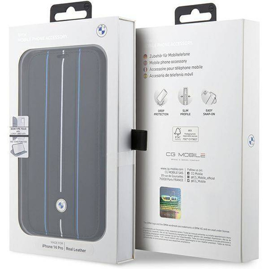 Oryginalne Etui IPHONE 14 PRO MAX BMW Bookcase Leather Stamp Blue Lines (BMBKP14X22RVSK) czarne