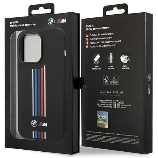 Oryginalne Etui IPHONE 14 PRO MAX BMW Silicone Vertical Tricolor Lines (BMHCP14X22SWTK) czarne