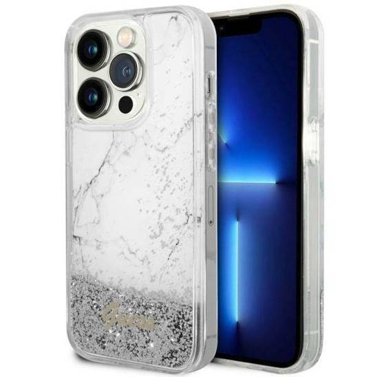 Oryginalne Etui IPHONE 14 PRO MAX Guess Hardcase Liquid Glitter Marble (GUHCP14XLCSGSGH) białe