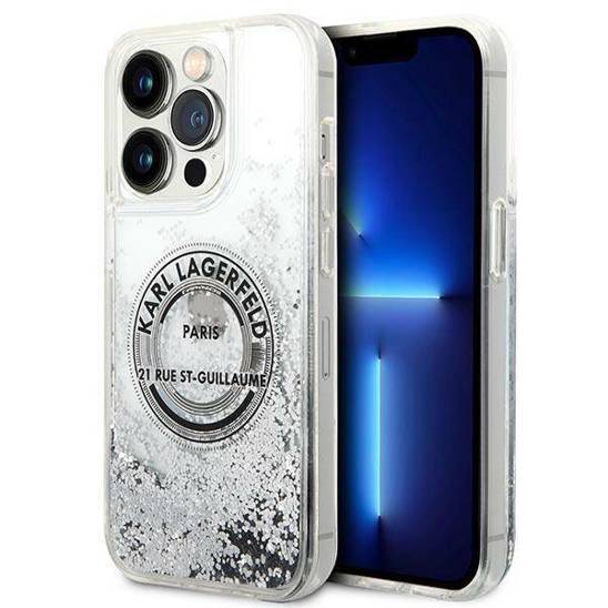Oryginalne Etui IPHONE 14 PRO MAX Karl Lagerfeld Hardcase Liquid Glitter RSG srebrne