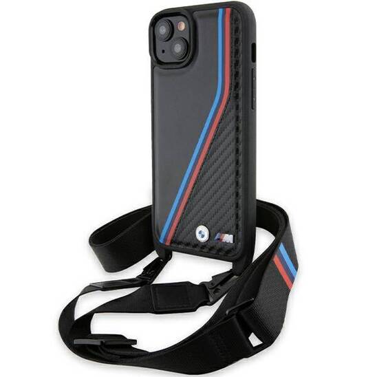 Oryginalne Etui IPHONE 15 PLUS / 14 PLUS BMW Hardcase M Edition Carbon Tricolor Lines & Strap (BMHCP15M23PSVTK) czarne