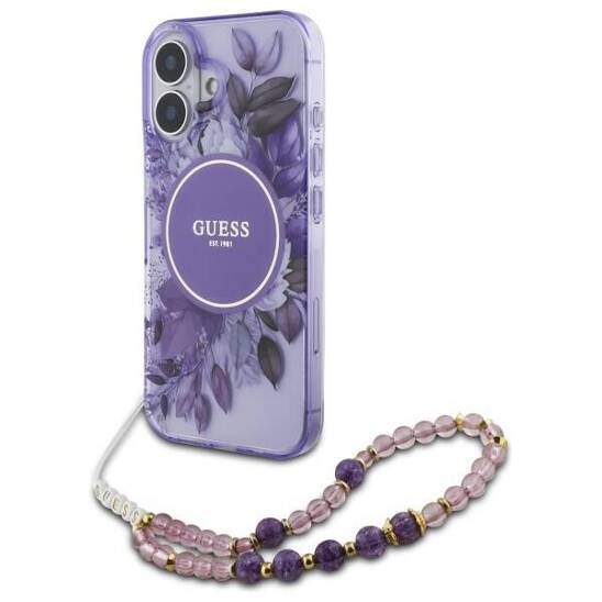 Oryginalne Etui IPHONE 16 Guess Hardcase IML Flowers With Pearl Strap MagSafe (GUHMP16SHFWBRCESU) fioletowe