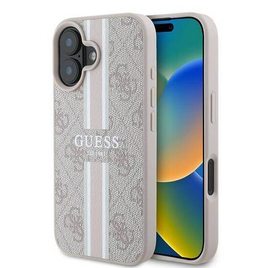 Oryginalne Etui IPHONE 16 PLUS Guess Hardcase 4G Printed Stripes MagSafe (GUHMP16MP4RPSP) różowe