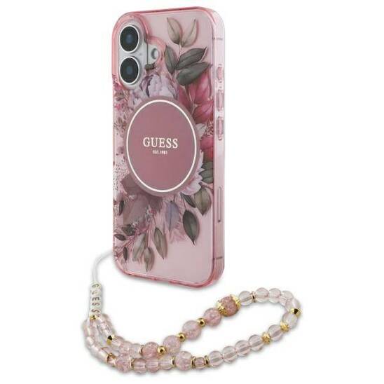 Oryginalne Etui IPHONE 16 PLUS Guess Hardcase IML Flowers With Pearl Strap MagSafe (GUHMP16MHFWBRCESP) różowe