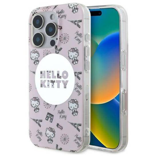 Oryginalne Etui IPHONE 16 PRO Hello Kitty Hardcase IML All Over Paris MagSafe (HKHMP16LHAOPP) różowe