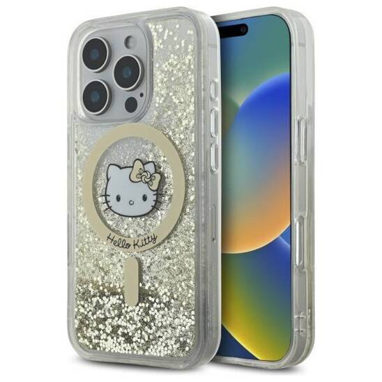 Oryginalne Etui IPHONE 16 PRO Hello Kitty Hardcase Liquid Glitter Fever MagSafe (HKHMP16LLGDIH) złoto-białe