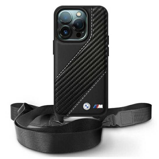 Oryginalne Etui IPHONE 16 PRO MAX BMW Hardcase M Edition Carbon Stripe & Strap (BMHCP16X23PSCCK) czarne