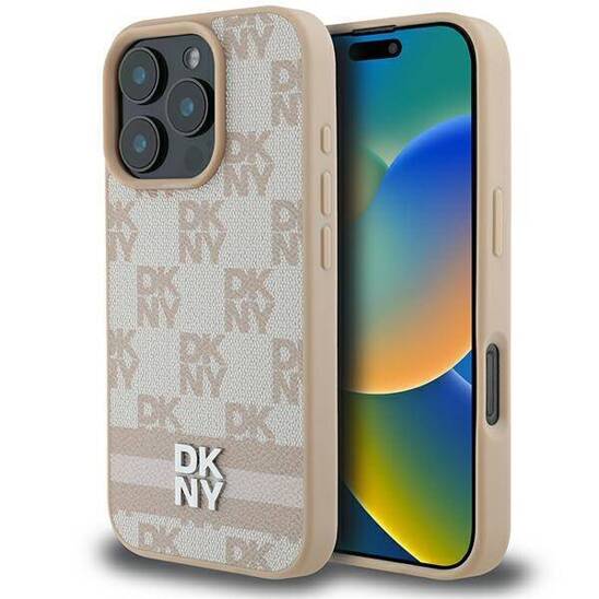 Oryginalne Etui IPHONE 16 PRO MAX DKNY Hardcase Checkered Pattern & Printed Stripes (DKHCP16XPCPTSSP) różowe