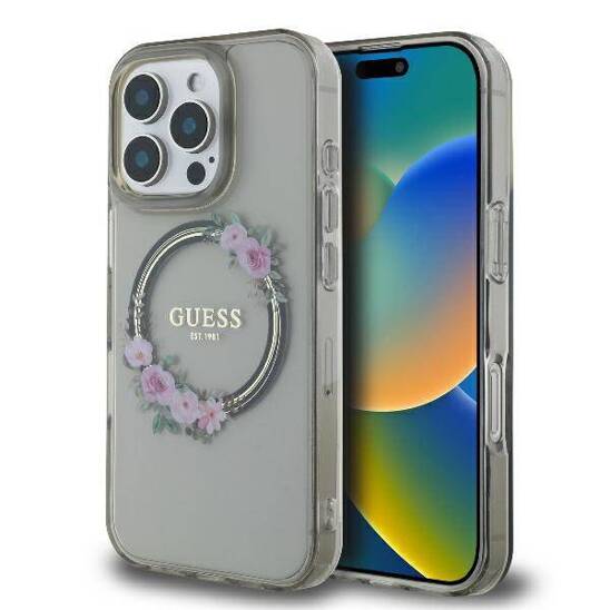 Oryginalne Etui IPHONE 16 PRO MAX Guess Hardcase IML Flowers Wreath MagSafe (GUHMP16XHFWFCK) czarne