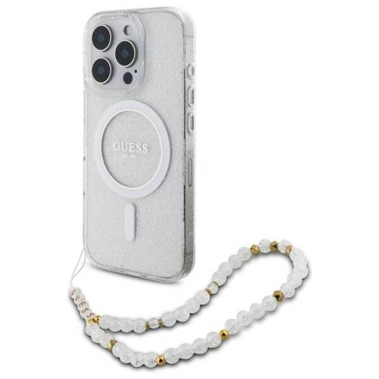 Oryginalne Etui IPHONE 16 PRO MAX Guess Hardcase IML Glitter With Pearl Strap MagSafe (GUHMP16XHGCRELST) transparentne