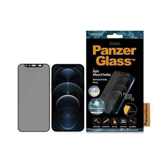 Szkło Hartowane 5D IPHONE 12 PRO MAX PanzerGlass E2E Microfracture Case Friendly CamSlider Privacy Antibacterial czarne
