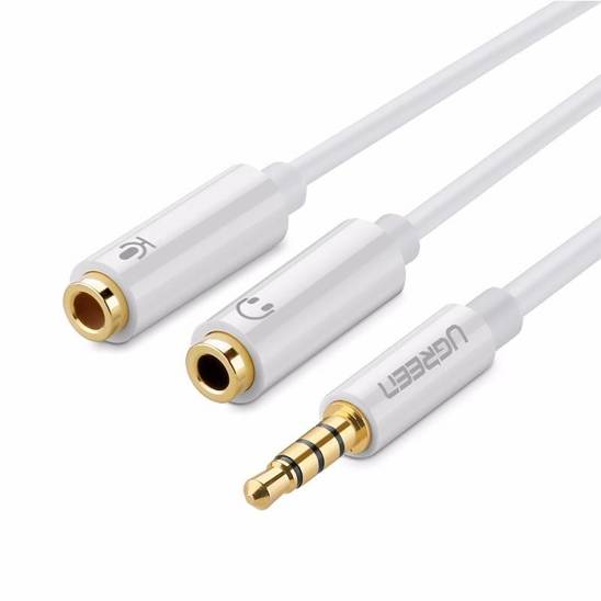 UGREEN AV141 Rozdzielacz audio AUX mini jack 3,5 mm (męski) do słuchawki + mikrofon (żeńskie), 20cm (biały)