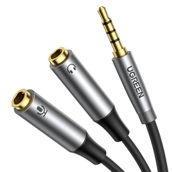 UGREEN AV192 Rozdzielacz audio AUX kabel mini jack 3.5mm (męski) do słuchawki + mikrofon (żeńskie), 20cm (szary)