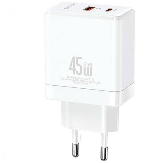 USAMS Ład. siec. 1xUSB-C+1xUSB 45W (only head) GaN PD3.0 +QC3.0 Fast Charging biały/white CC178TC02 (US-CC178)